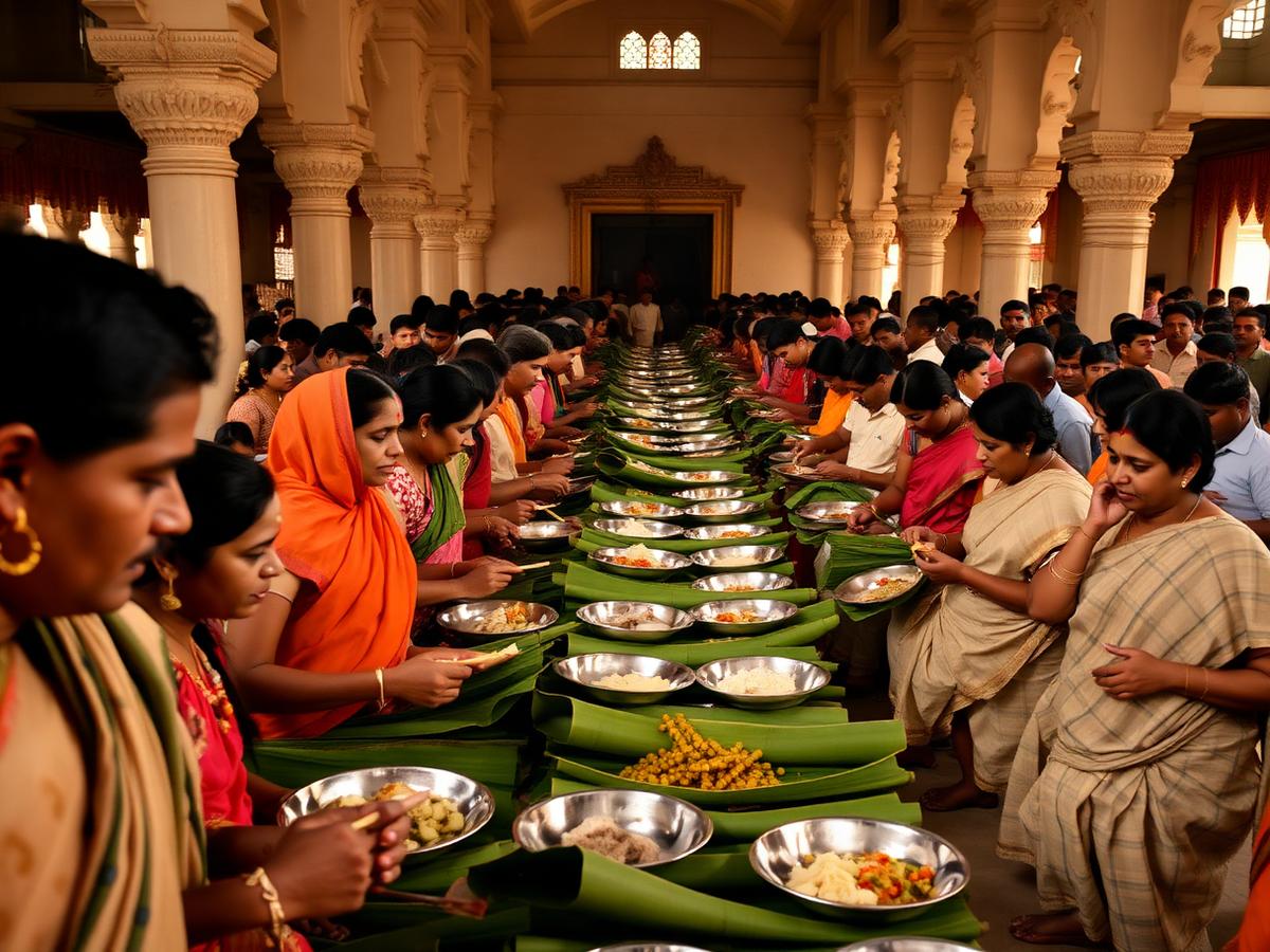 Devotees being served a meal on banana leaves in the annadana hall