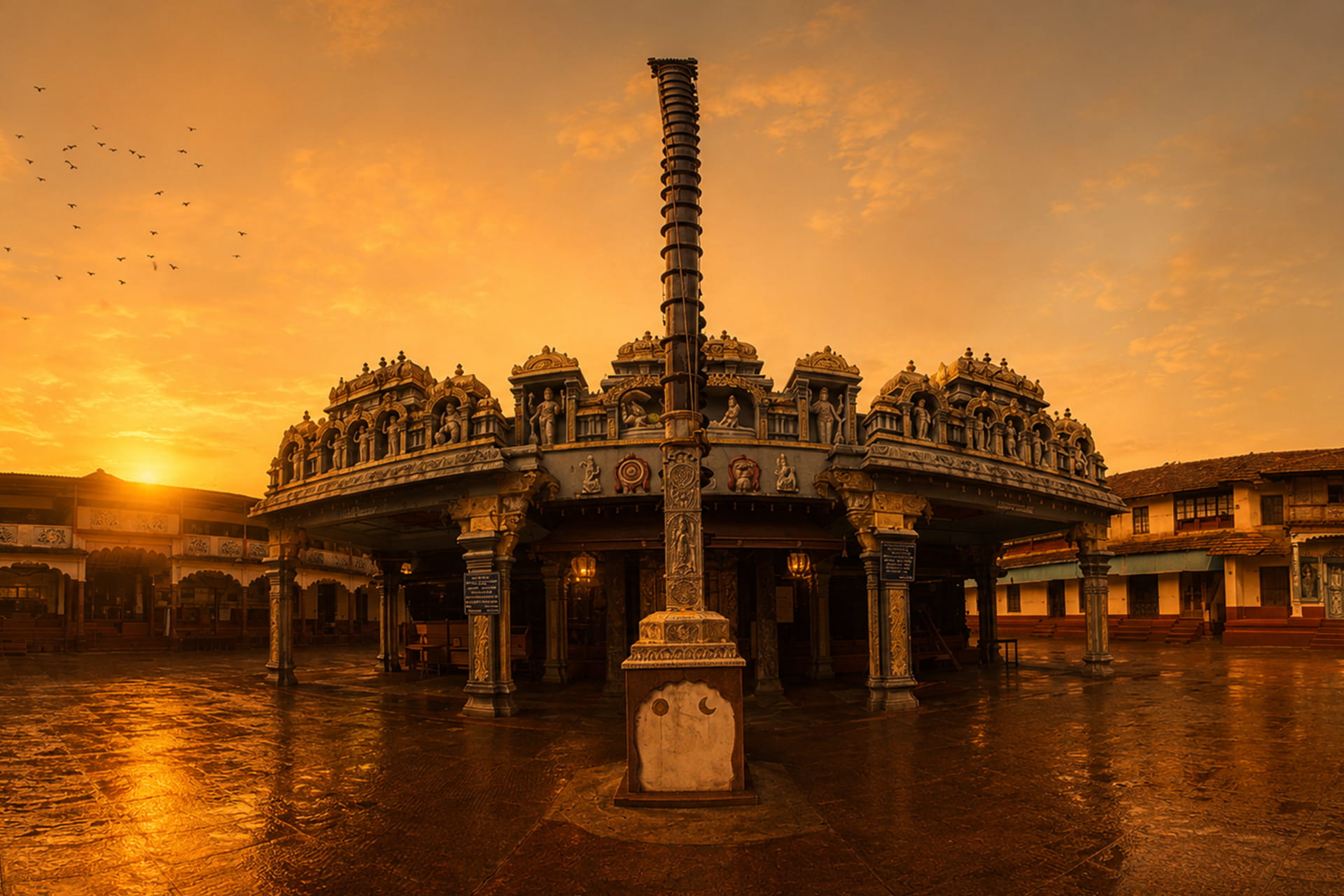 Sunrise over the temple gopuram with lamps and devotees